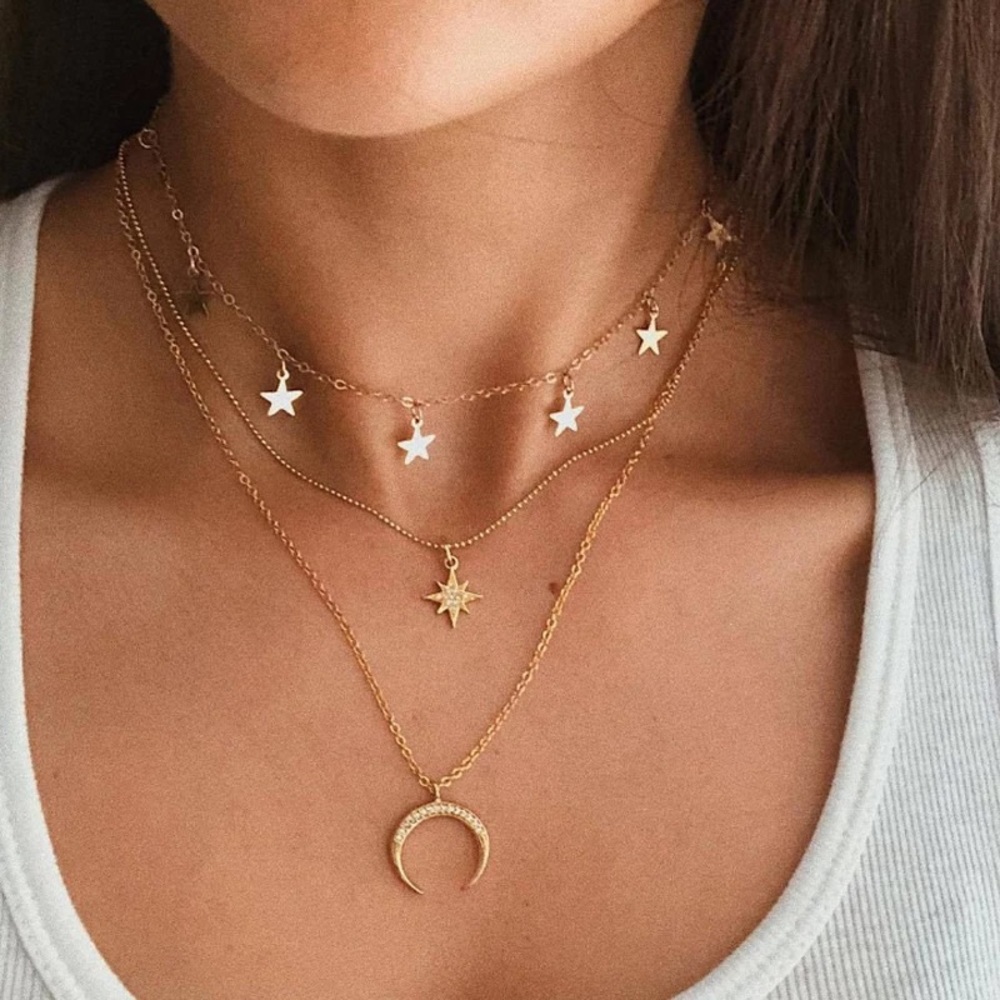 Bohemian Multilayer Necklace Stars and Moon Gold